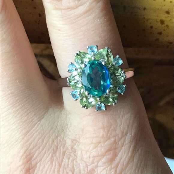 Peacock Quartz Peridot Sterling Silver Cocktail Ring Size 10 - Picture 1 of 9